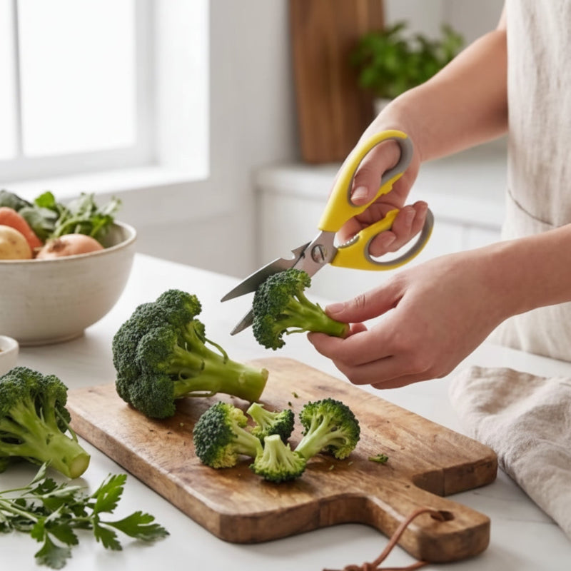 ciseaux de cuisine chef inox decoupe fleurons brocoli