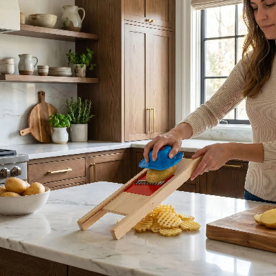 coupe frite wave knife cuisiniere qui prepare des frites